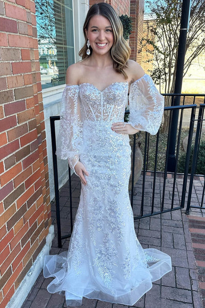 Cute Mermaid White Off The Shoulder Sequins Lace Long Prom Dress with Long Sleeves