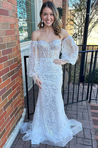 Cute Mermaid White Off The Shoulder Sequins Lace Long Prom Dress with Long Sleeves