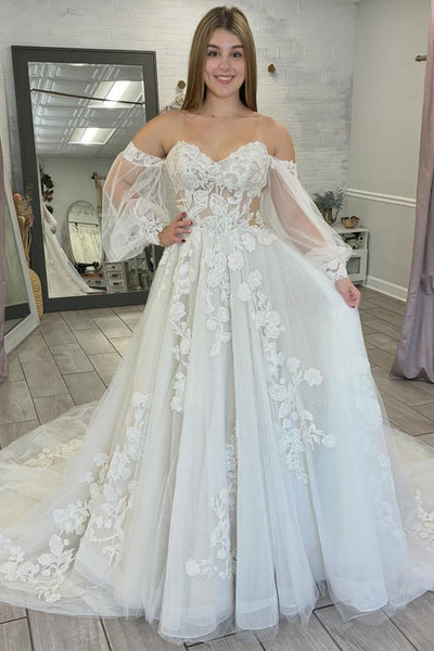 Long Sleeves Beach Bride Wedding Gowns A Line Lace Appliquedd Wedding Dress