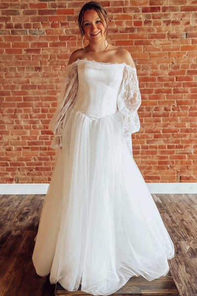 Women's A Line Tulle Wedding Dresses Boho Lace Long Sleeves Wedding Gowns for Bride