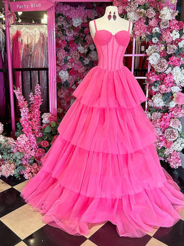 Fairy A Line Sweetheart Pink Tiered Tulle Long Prom Dress