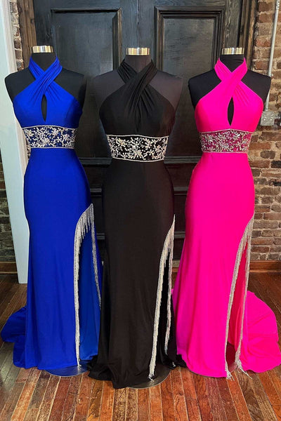 Cute Mermaid Cross-Front Neck Fuchsia Satin Long Prom Dress with Beading