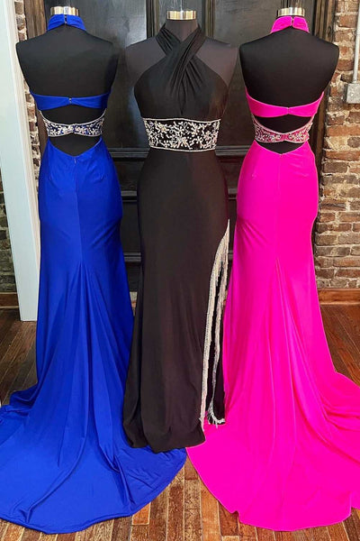 Cute Mermaid Cross-Front Neck Fuchsia Satin Long Prom Dress with Beading