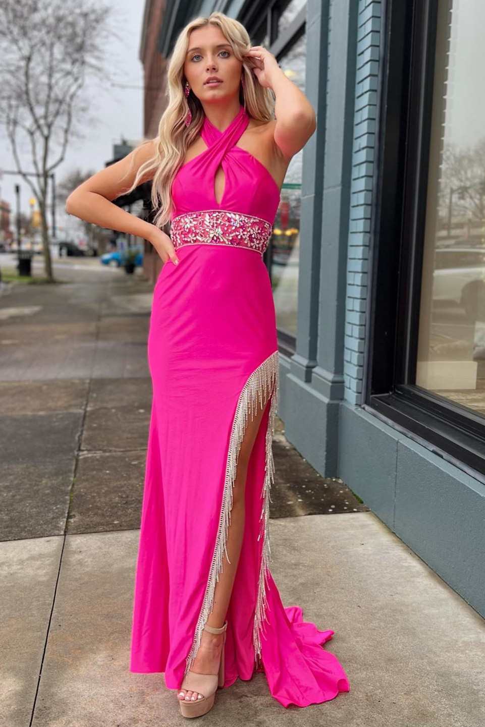 Cute Mermaid Cross-Front Neck Fuchsia Satin Long Prom Dress with Beading