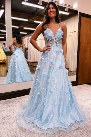 Fairy V Neck Light Blue 3D Flower Lace Tulle Prom Dress