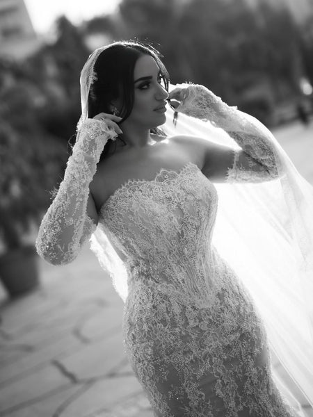 Lace Detachable Long Sleeve Mermaid Floor-Length Wedding Dress