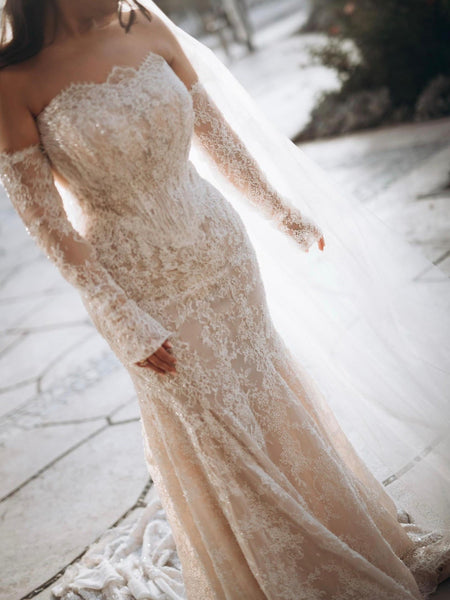 Lace Detachable Long Sleeve Mermaid Floor-Length Wedding Dress