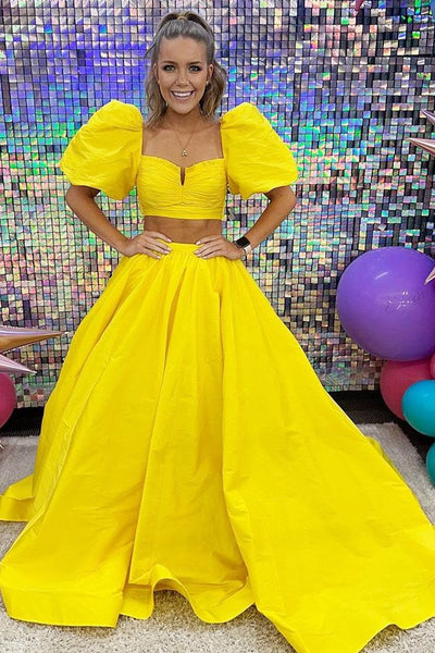 Gorgeous Ball Gown Two Piece Square Neck Satin Long Prom Dress with Split
