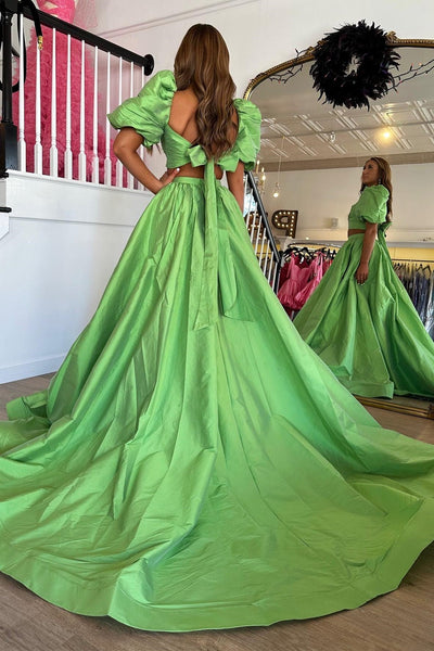 Gorgeous Ball Gown Two Piece Square Neck Satin Long Prom Dress with Split
