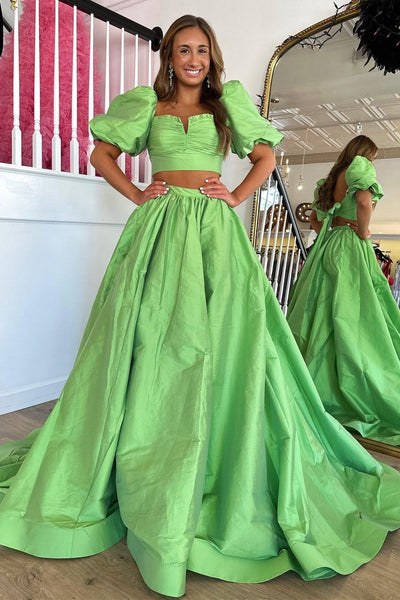 Gorgeous Ball Gown Two Piece Square Neck Satin Long Prom Dress with Split