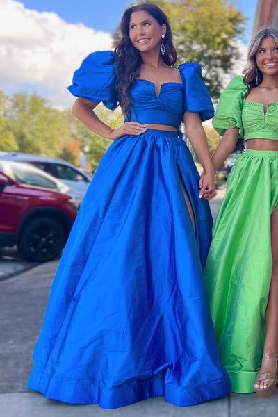 Gorgeous Ball Gown Two Piece Square Neck Satin Long Prom Dress with Split