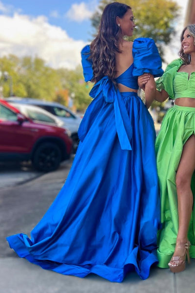 Gorgeous Ball Gown Two Piece Square Neck Satin Long Prom Dress with Split