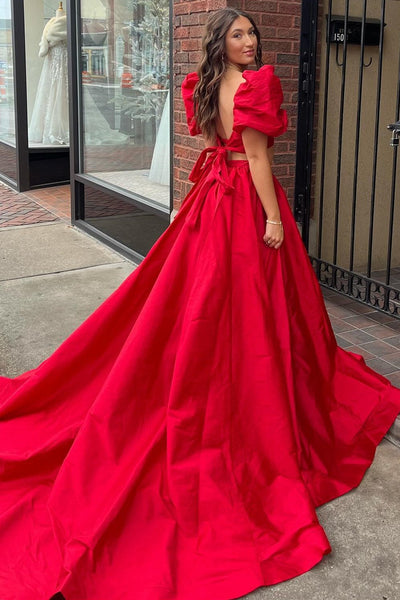 Gorgeous Ball Gown Two Piece Square Neck Satin Long Prom Dress with Split