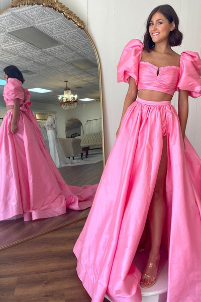 Gorgeous Ball Gown Two Piece Square Neck Satin Long Prom Dress with Split
