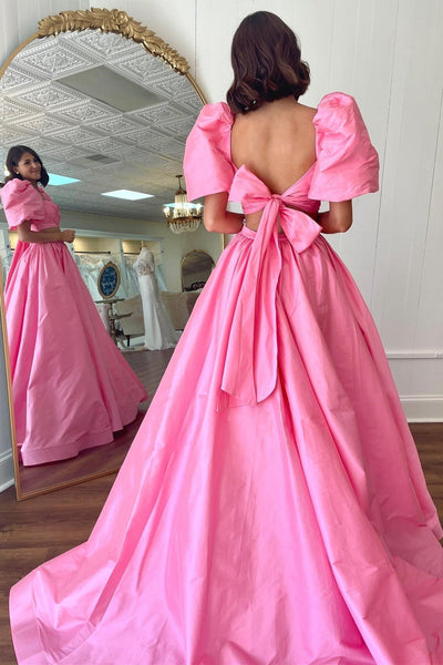 Gorgeous Ball Gown Two Piece Square Neck Satin Long Prom Dress with Split