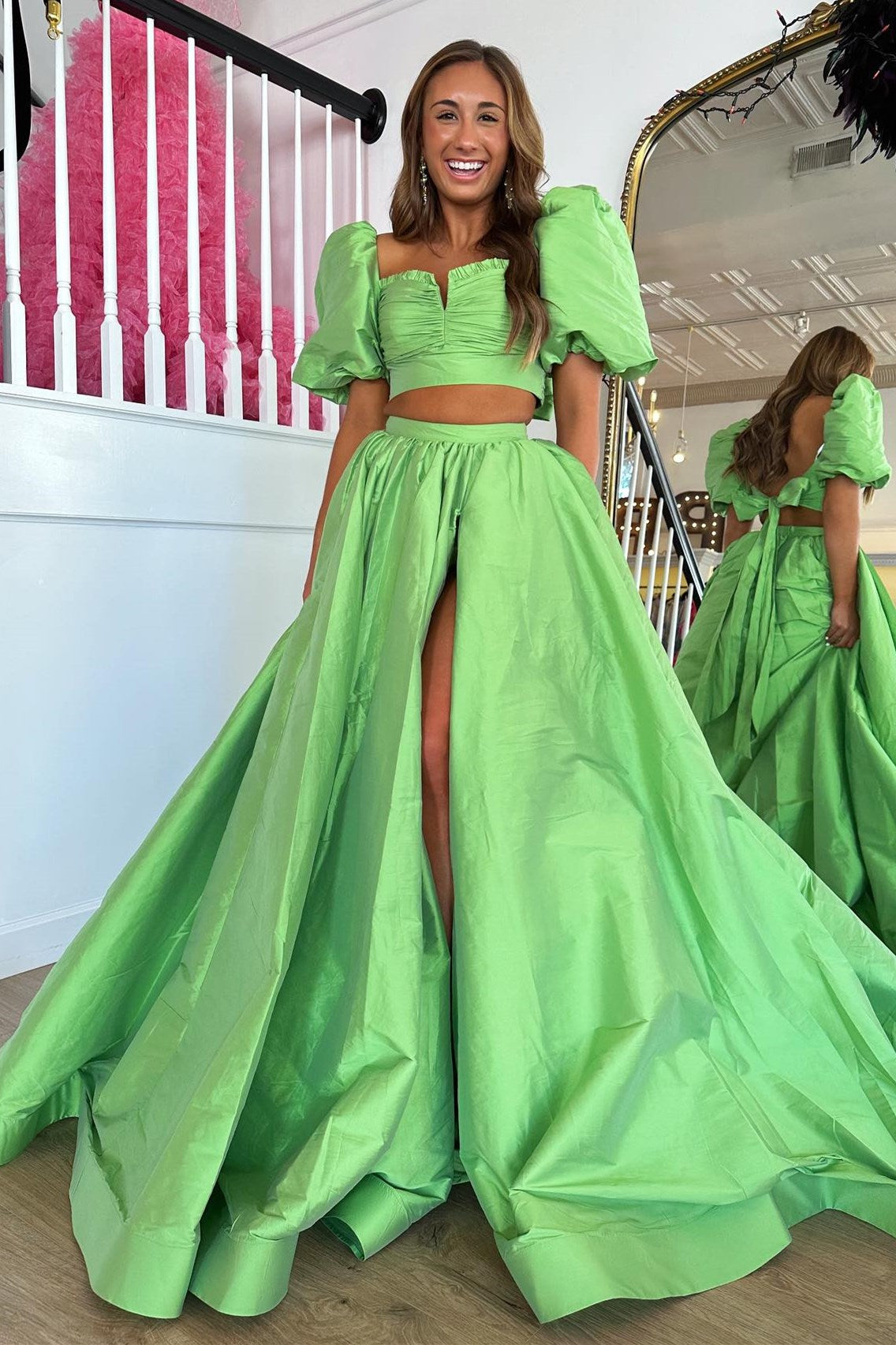 Gorgeous Ball Gown Two Piece Square Neck Satin Long Prom Dress with Split