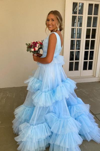 Ball Gown V Neck Light Blue Tiered Ruffled Tulle Long Prom Dress