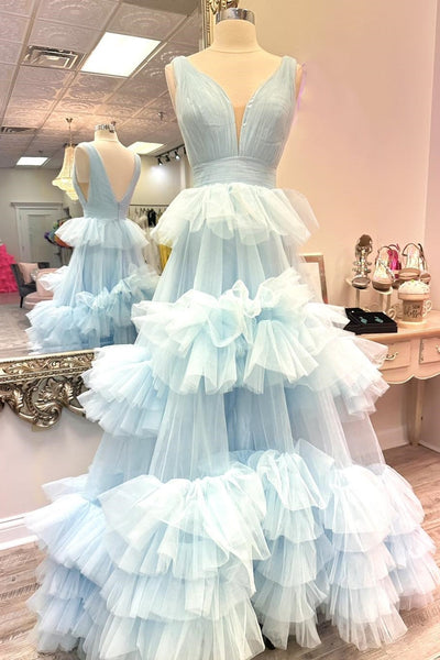 Ball Gown V Neck Light Blue Tiered Ruffled Tulle Long Prom Dress