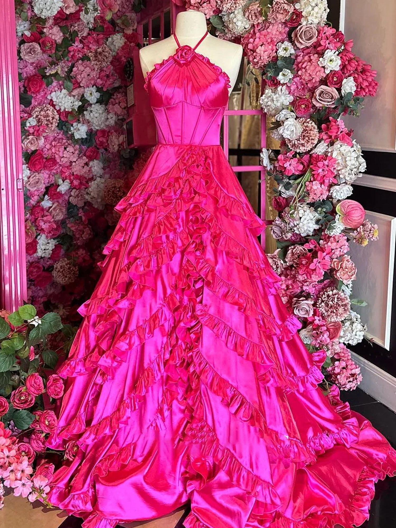 Gorgeous A Line Halter Neck Fuchsia Tiered Ruffles Satin Prom Dress
