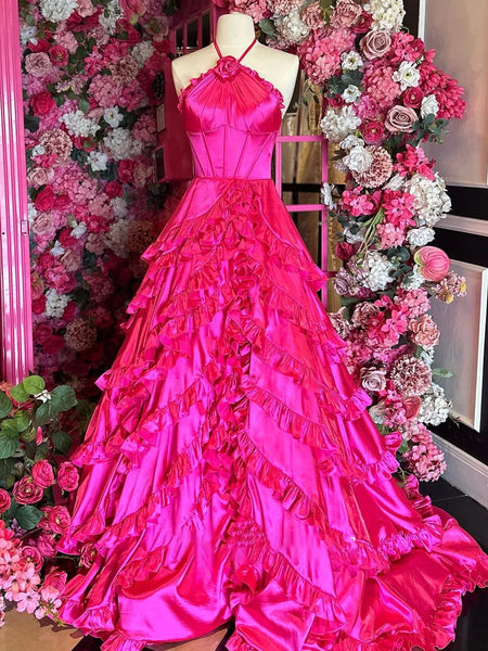 Gorgeous A Line Halter Neck Fuchsia Tiered Ruffles Satin Prom Dress