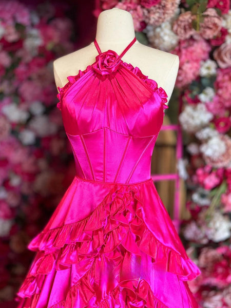 Gorgeous A Line Halter Neck Fuchsia Tiered Ruffles Satin Prom Dress