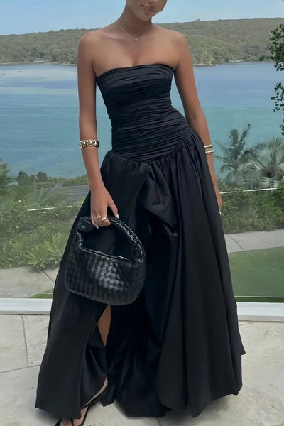 Black - Strapless A Line Satin Pleated Prom Dresses With Slit