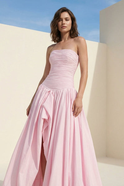 Pink - Strapless A Line Satin Pleated Prom Dresses With Slit