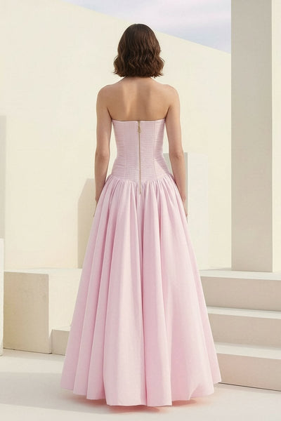 Pink - Strapless A Line Satin Pleated Prom Dresses With Slit