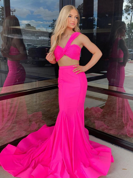 Cute Mermaid One Shoulder Hot Pink Satin Prom Dress