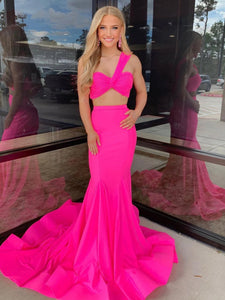 Cute Mermaid One Shoulder Hot Pink Satin Prom Dress