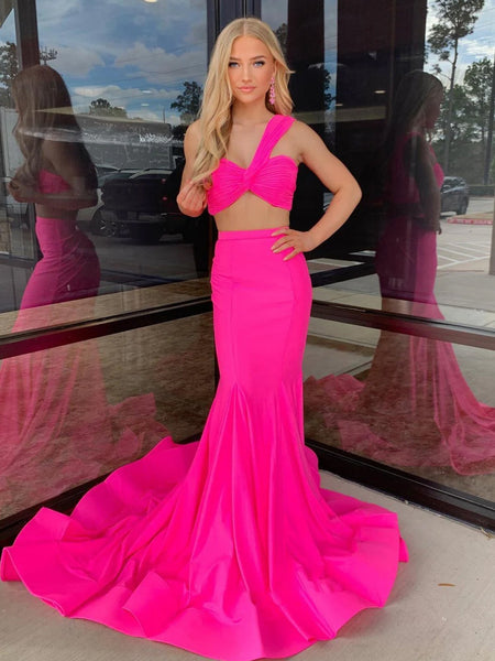 Cute Mermaid One Shoulder Hot Pink Satin Prom Dress