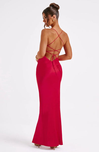 Satin Maxi Dress Cross Over Straps with A Self Tie Fastening
