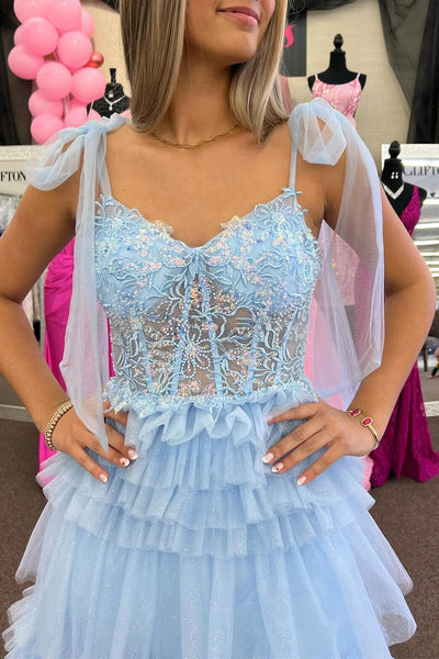 Fairy A Line Sweetheart Light Blue Tiered Tulle Slit Prom Dress with Appliques