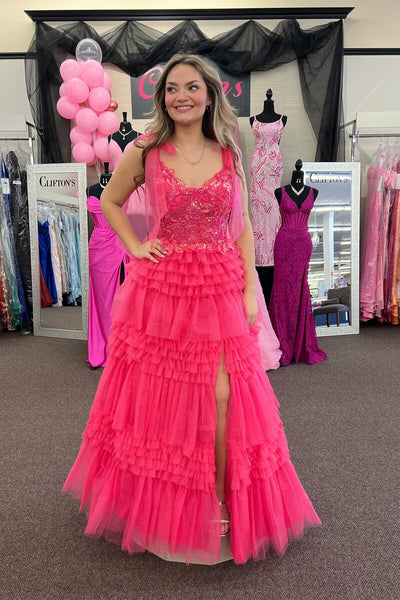 Fairy A Line Sweetheart Light Blue Tiered Tulle Slit Prom Dress with Appliques