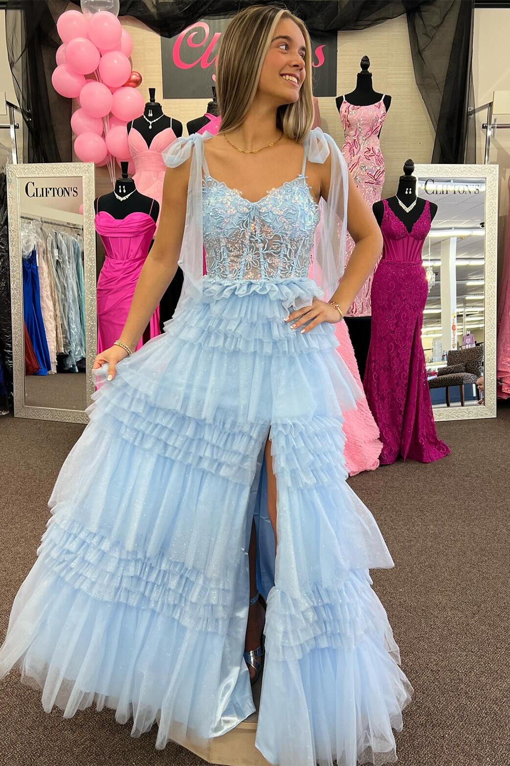 Fairy A Line Sweetheart Light Blue Tiered Tulle Slit Prom Dress with Appliques