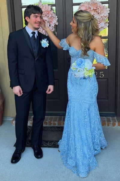 Charming Mermaid Off-the-Shoulder Blue Lace Long Prom Evening Dress