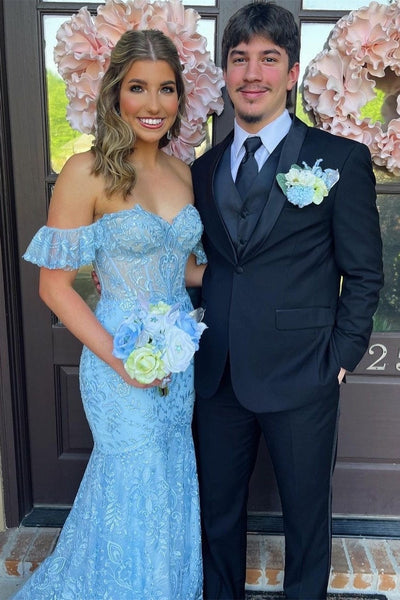 Charming Mermaid Off-the-Shoulder Blue Lace Long Prom Evening Dress