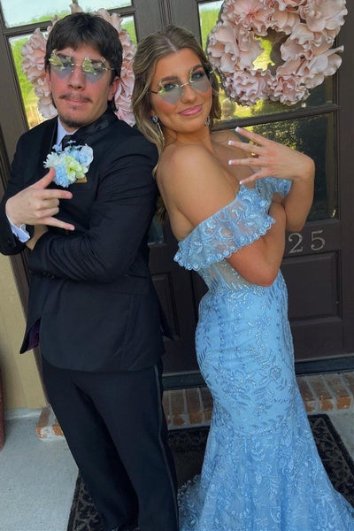 Charming Mermaid Off-the-Shoulder Blue Lace Long Prom Evening Dress