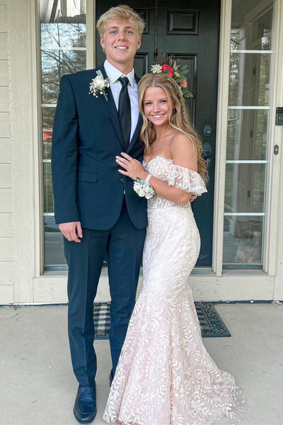 Charming Mermaid Off-the-Shoulder Blue Lace Long Prom Evening Dress