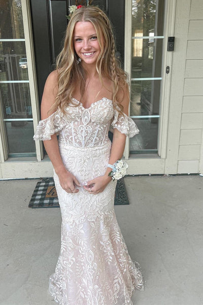 Charming Mermaid Off-the-Shoulder Blue Lace Long Prom Evening Dress