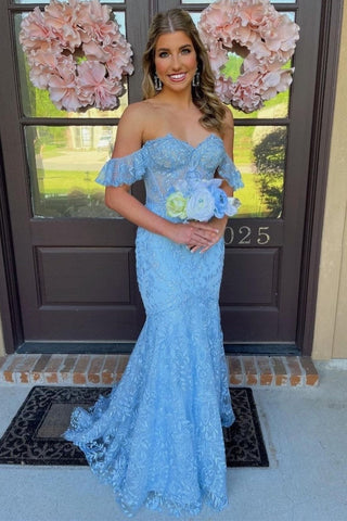 Charming Mermaid Off-the-Shoulder Blue Lace Long Prom Evening Dress