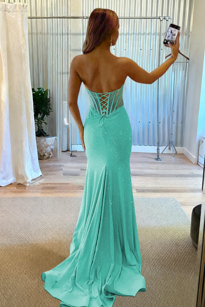 Sky Blue Strapless Mermaid Satin Beaded Long Formal Prom Dresses With Slit