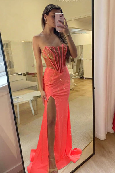 Sky Blue Strapless Mermaid Satin Beaded Long Formal Prom Dresses With Slit
