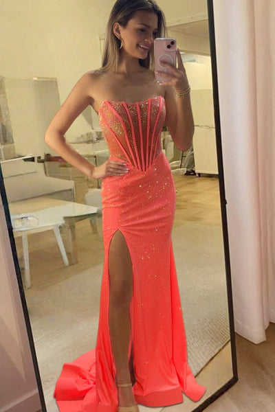 Sky Blue Strapless Mermaid Satin Beaded Long Formal Prom Dresses With Slit
