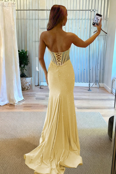 Sky Blue Strapless Mermaid Satin Beaded Long Formal Prom Dresses With Slit