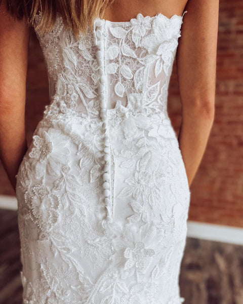 Strapless Mermaid Tulle Bridal Wedding Dresses Lace Appliqued Bride Wedding Gowns
