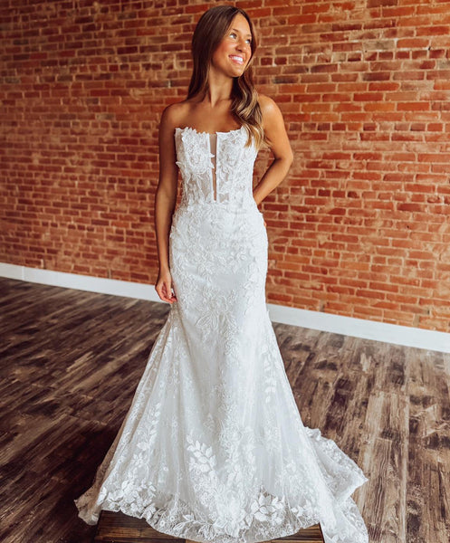 Strapless Mermaid Tulle Bridal Wedding Dresses Lace Appliqued Bride Wedding Gowns