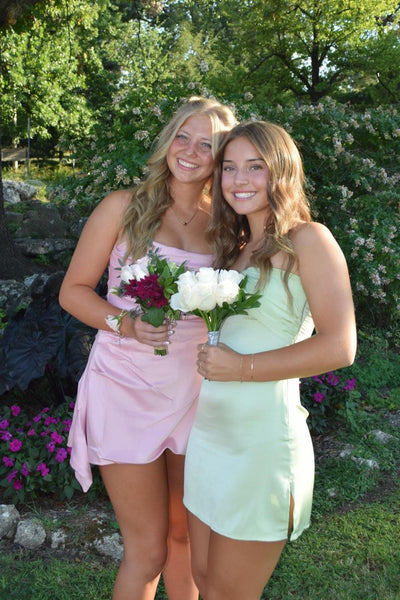 Strapless Sage Satin Short Dress with Slits