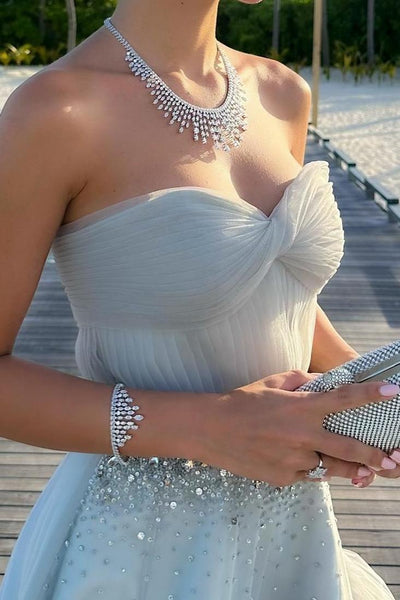 Cute Ball Gown Sweetheart Light Grey Tulle Prom Dress with Beading