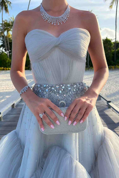 Cute Ball Gown Sweetheart Light Grey Tulle Prom Dress with Beading